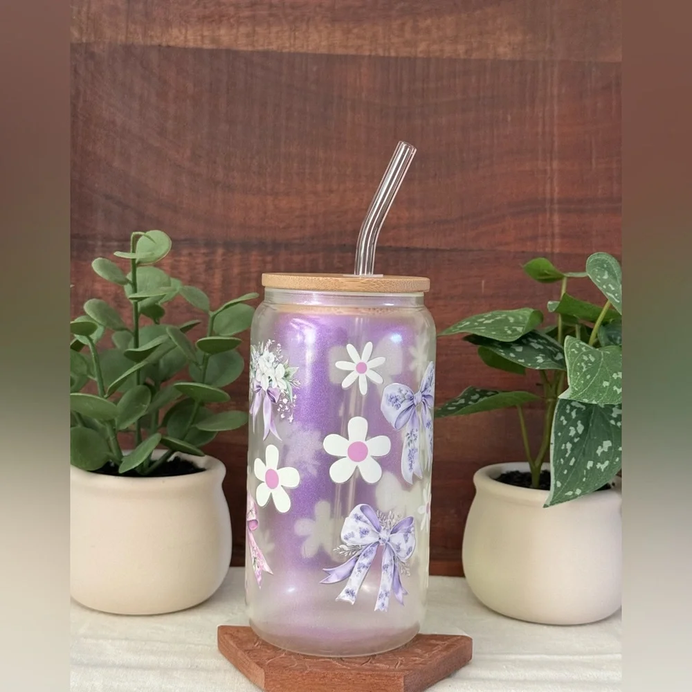 Purple Bows and Daisies Coquette Iridescent Glass Can with Pink Glass Cup - Picture 7 of 12